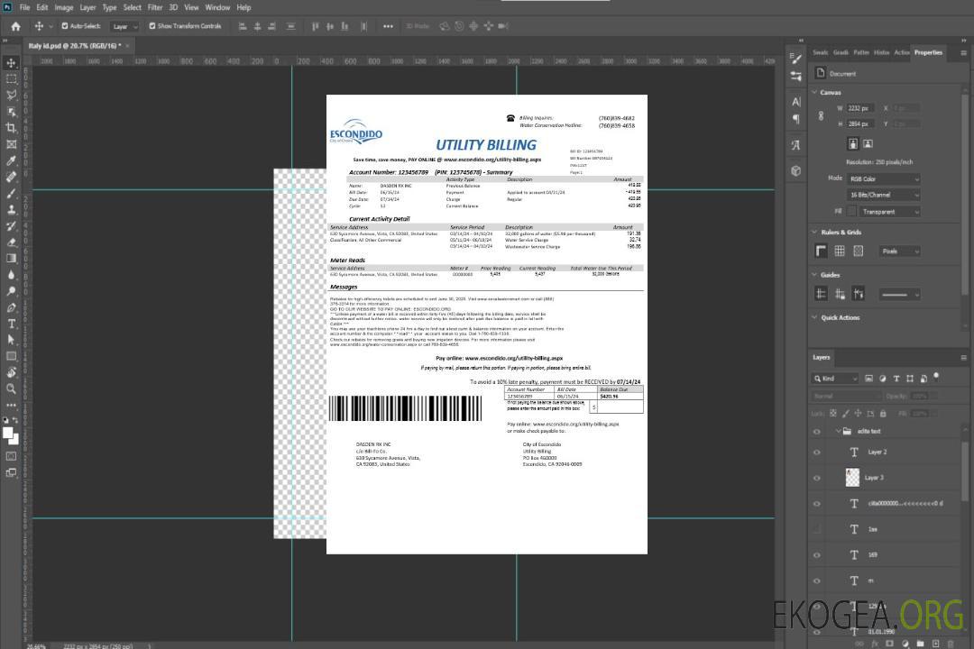 Modèle de facture de services publics d'entreprise USA California Escondido City of Choice aux formats Word et PDF template